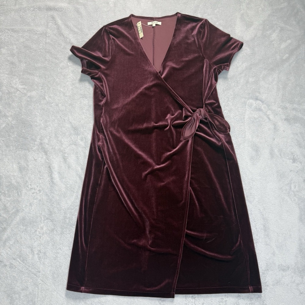Madewell Burgundy Velvet Wrap Dress Women's Short Sleeve Tie Waste Size L NWT